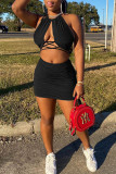 Red Sexy Solid Hollowed Out Draw String Frenulum Halter Sleeveless Two Pieces