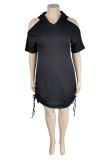 Black Fashion Casual Plus Size Solid Hollowed Out V Neck Short Sleeve Dress