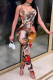 Brown Fashion Sexy Print Backless Spaghetti Strap Skinny Jumpsuits
