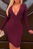 Color Blue Sexy Solid Patchwork V Neck Pencil Skirt Dresses