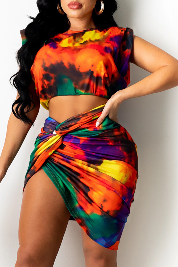 Tangerine Red Sexy Patchwork Tie-dye O Neck Sleeveless Two Pieces