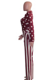 Burgundy Fashion Casual Print Patchwork Turndown Collar Regular Jumpsuits
