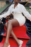 Cream White Sexy Solid Patchwork Turndown Collar Waist Skirt Dresses