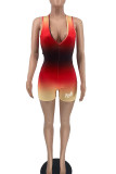 Red Black Sexy Gradual Change Patchwork Draw String Printing V Neck Skinny Rompers