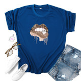 Green Fashion Casual Lips Printed Basic O Neck Tops