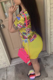 Yellow Fashion Casual Print Basic O Neck Short Sleeve Two Pieces