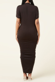 Black Sexy Solid Patchwork V Neck Pleated Plus Size Dresses