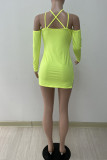 Fluorescent Green Sexy Solid Patchwork Slit Spaghetti Strap Pencil Skirt Dresses