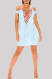 Sky Blue Sexy Solid Hollowed Out Backless Off the Shoulder Short Sleeve Dress