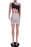Black White Sexy Solid Mesh One Shoulder Pencil Skirt Dresses