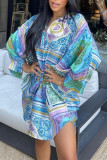Blue Fashion Casual Print Basic Turndown Collar Shirt Dress