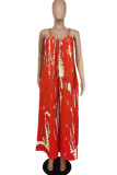 Red Sexy Casual Print Backless Spaghetti Strap Loose Jumpsuits