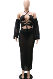 Rose Red Sexy Solid Hollowed Out Patchwork Frenulum See-through Halter Irregular Dress Dresses