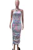Colour Sexy Print Patchwork One Shoulder Pencil Skirt Dresses