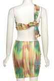Green Sexy Print Bandage Hollowed Out Patchwork Fold Strapless Pencil Skirt Dresses