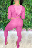 Pink Sexy Solid Split Joint U Neck Long Sleeve Two Pieces
