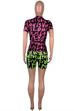 Pink Green Fashion Casual Print Basic O Neck Short Sleeve Two Pieces