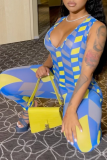 Yellow And Blue Sexy Plaid Patchwork V Neck Skinny Jumpsuits