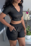 Apricot Sexy Casual Solid Backless V Neck Short Sleeve Two Pieces