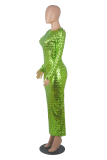 Fluorescent Green Sexy Solid Hollowed Out O Neck Pencil Skirt Dresses