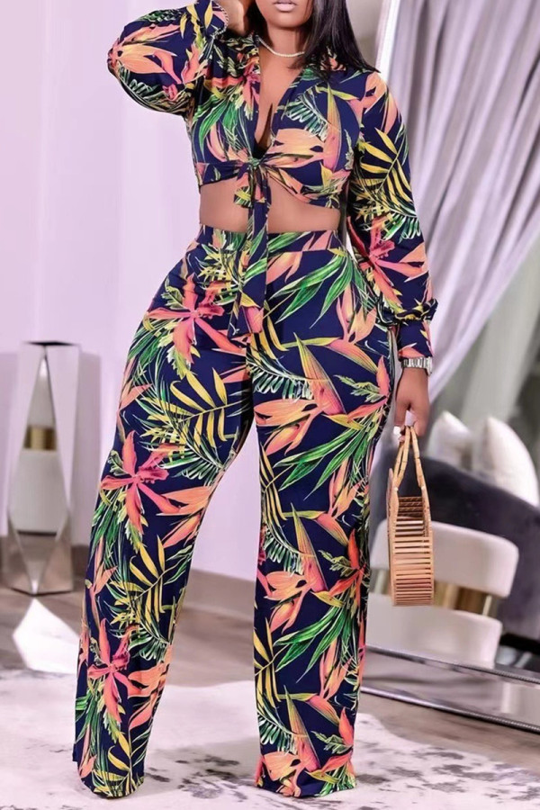 Multicolor Fashion Casual Print Bandage Turndown Collar Long Sleeve Two Pieces