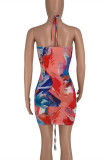 Watermelon Red Fashion Sexy Print Hollowed Out Halter Sleeveless Dress