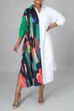 Multicolor Casual Print Split Joint Turndown Collar Shirt Dress Dresses