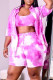 Rose Red Fashion Casual Tie Dye Printing Turndown Collar Half Sleeve Three-piece Set