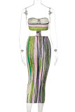 Green Sexy Striped Print Bandage Patchwork Strapless Sleeveless Two Pieces