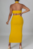 Yellow Sexy Solid Hollowed Out Split Joint Half A Turtleneck Pencil Skirt Dresses