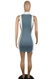 Blue White Fashion Sexy Patchwork Hollowed Out Turtleneck Sleeveless Dress