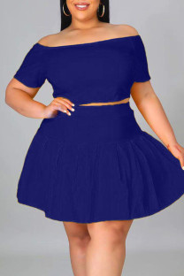 Blue Casual Solid Split Joint Off the Shoulder A Line Plus Size Two Pieces