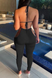 Rose Red Sexy Solid Hollowed Out Patchwork Frenulum Backless Halter Skinny Jumpsuits
