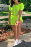 Fluorescent Green Fashion Casual Solid Backless Off the Shoulder Short Sleeve Two Pieces
