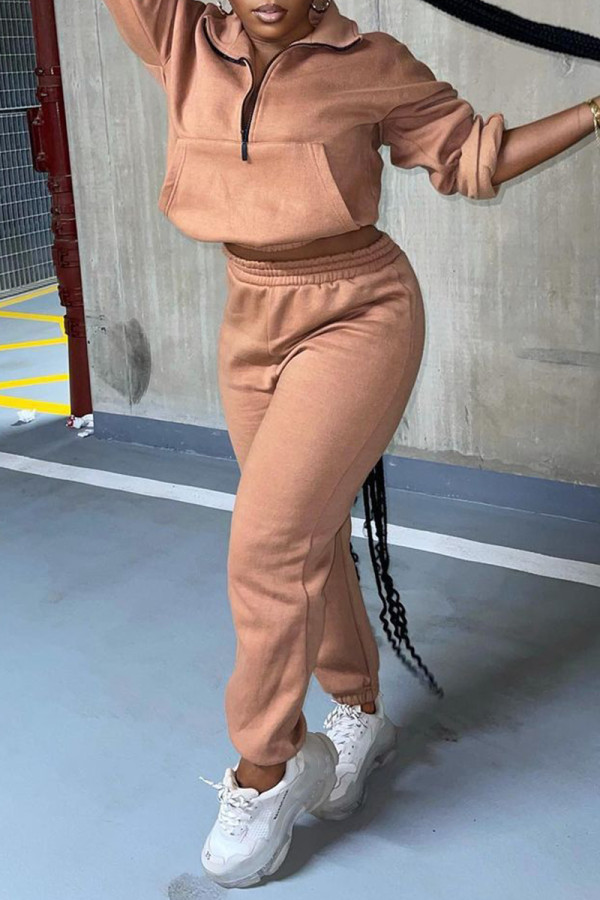 Brown Fashion Casual Solid Zipper Turndown Collar Two Pieces