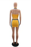 Yellow Sexy Sportswear Letter Print Backless Halter Sleeveless Two Pieces