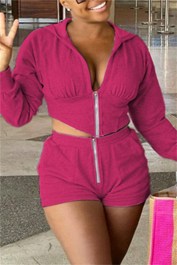 Rose Red Fashion Casual Solid Hooded Collar Long Sleeve Two Pieces