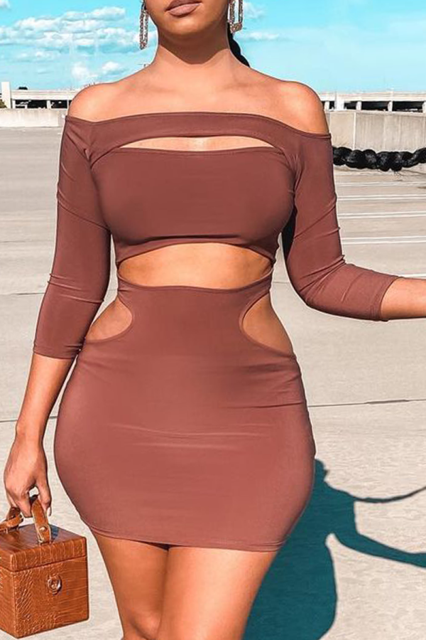 Dark Brown Sexy Solid Patchwork Off the Shoulder Three Quarter Two Pieces