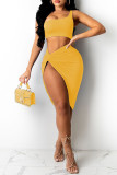 Yellow Fashion Sexy Solid Slit One Shoulder Sleeveless Two Pieces