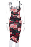 Red Green Elegant Print Make Old Fold Square Collar Pencil Skirt Dresses
