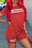 Red Fashion Casual Letter Print Basic O Neck Short Sleeve Two Pieces