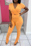 Pink Fashion Casual Solid Bandage Slit V Neck Short Sleeve Two Pieces