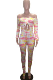Pink Fashion Print Bandage Hollowed Out Backless Off the Shoulder Skinny Jumpsuits