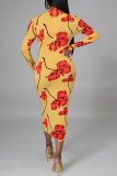 Yellow Sexy Print Patchwork V Neck Pencil Skirt Dresses