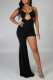 Black Fashion Sexy Solid Hollowed Out Backless Spaghetti Strap Irregular Regular Jumpsuits