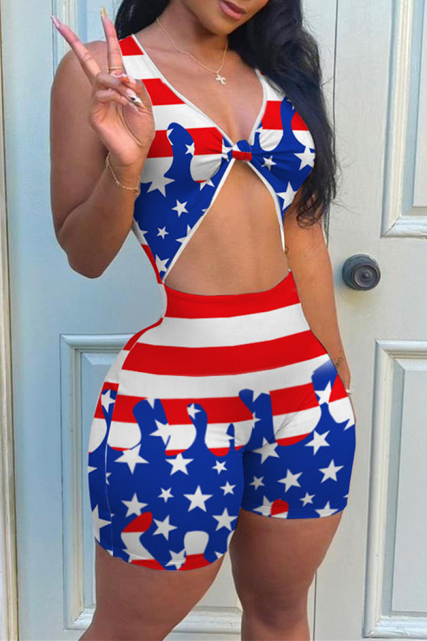 Red Blue Fashion Sexy Print Hollowed Out V Neck Skinny Romper