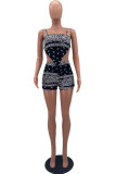 Black Sexy Print Patchwork Backless Spaghetti Strap Sleeveless Two Pieces