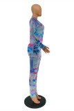 Fuchsia Fashion Casual Print Tie Dye Basic O Neck Long Sleeve Two Pieces