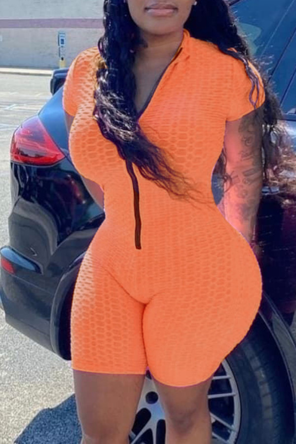 Orange Fashion Casual Solid Basic Zipper Collar Regular Romper