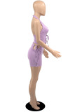 Pink Purple Fashion Sexy Solid Bandage Backless Halter Sleeveless Two Pieces